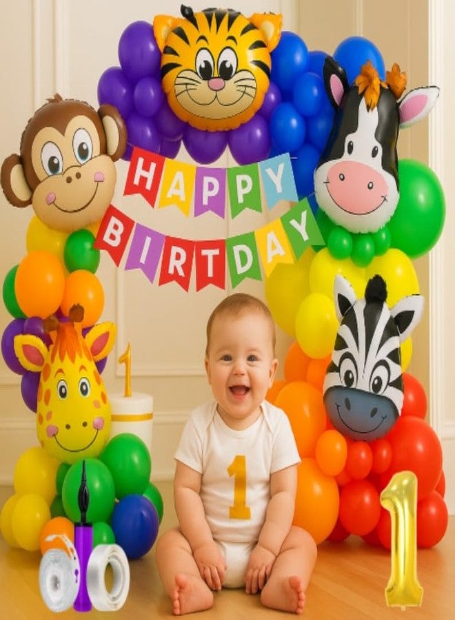 GROOVY DUDZ GROOVYDUDZ Jungle Theme 1st Birth day Decoration Combo - 54 Pcs Happy 1 Year Birth day Party Kit for Baby Boy & Girl with Safari Animals, Balloons, Banner & Party Accessories - Image 1